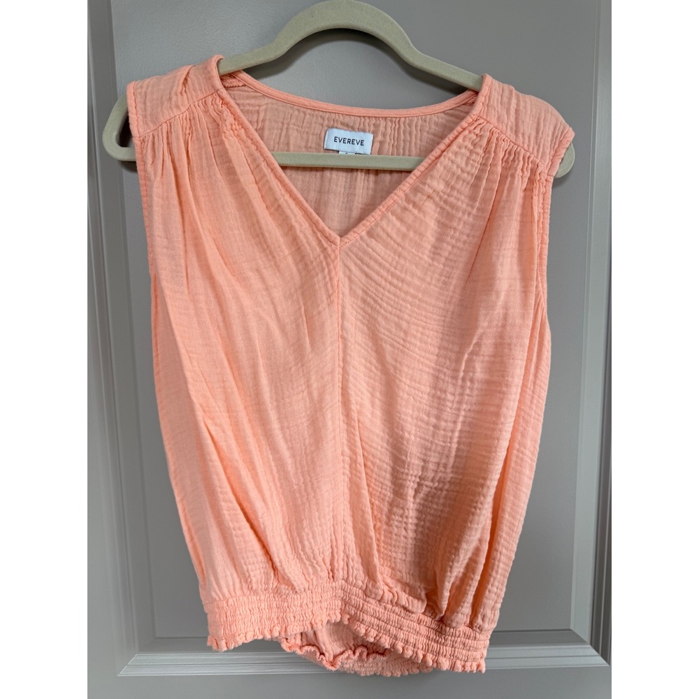 Evereve Peach Double Gauze V-Neck Smocked Hem Sleeveless Top Small